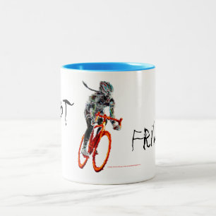 Nicht Frilly.  Weiblicher Radfahrer u. Flammen Zweifarbige Tasse