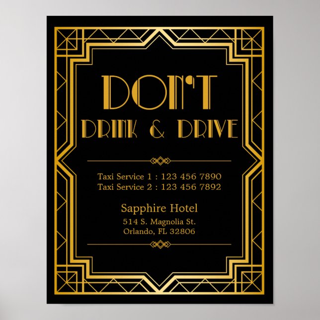 Nicht trinken & fahren Hochzeitszeichen | Gatsby A Poster (Vorne)