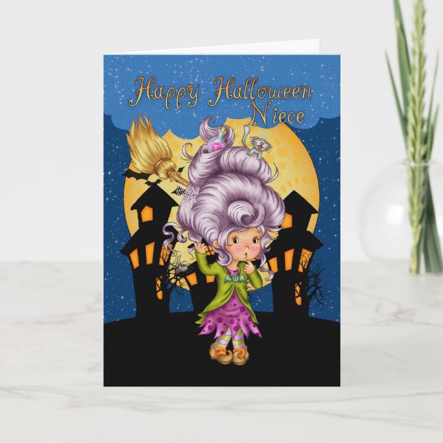 Nichte halloween card mit niedlicher Hexe Karte (Vorderseite)