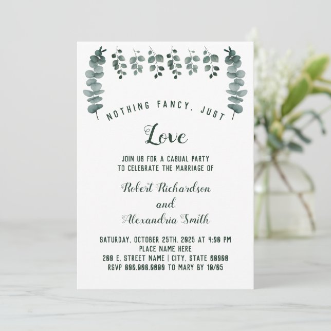 Nichts Extravagant nur Liebe Elopement Eukalyptus Einladung (Stehend Vorderseite)