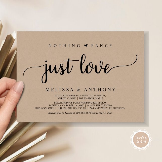 Nichts Extravagant nur Liebe, Elopement, rustikale Einladung (Nothing Fancy Just Love, Elopement, Rustic Script Wedding Invitation Card, in Brown Kraft)