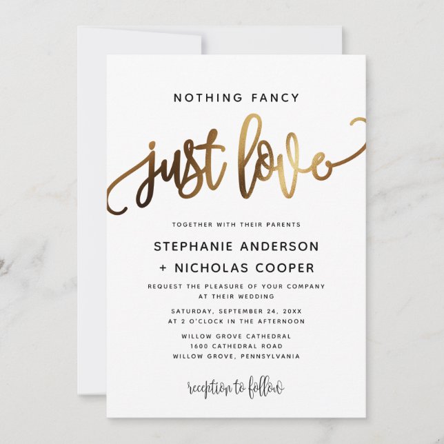 Nichts Extravagant nur Liebe Gold Script Typografi Einladung (Vorderseite)