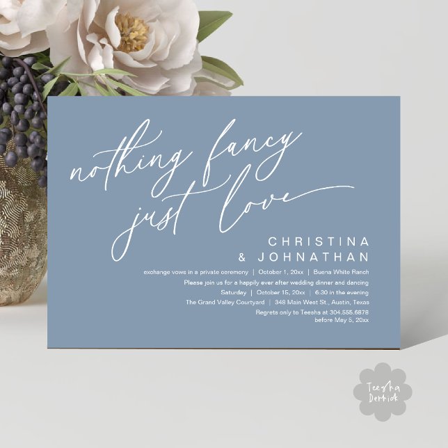 Nichts Extravagant nur Liebe Hochzeit Abendessen P Einladung (Nothing Fancy Just Love Modern Romantic Wedding Dinner Party Invitation Card PDF Dusty Blue)