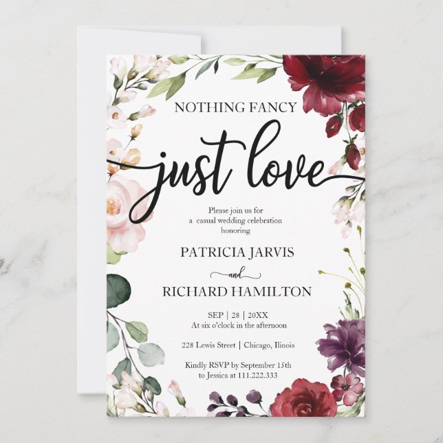 Nichts Extravagant nur Liebe Hochzeit Burgund Flor Einladung (Vorderseite)