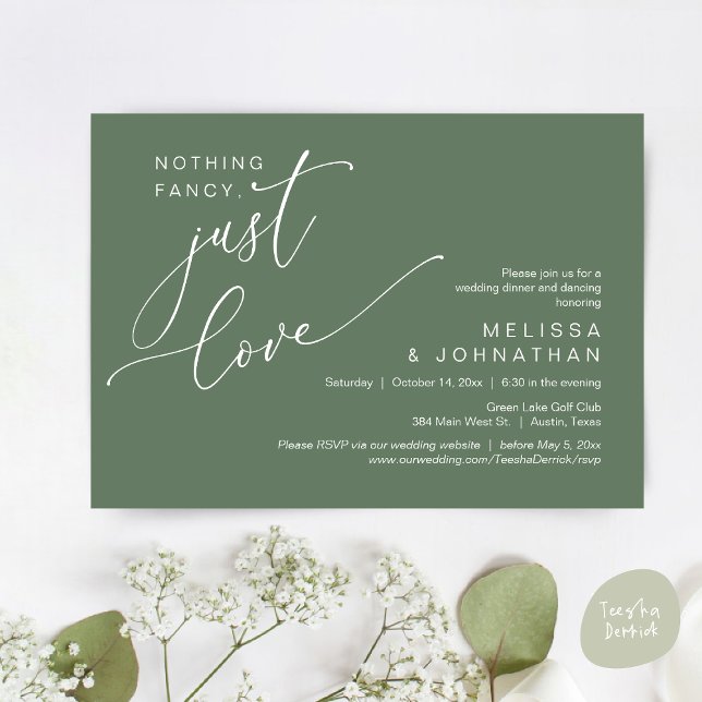 Nichts Extravagant, nur Liebe, Hochzeitsdinner Dan Einladung (Nothing Fancy, Just Love, Wedding Romantic Dinner Dancing Invitation Card, PDF, in Sage Green)