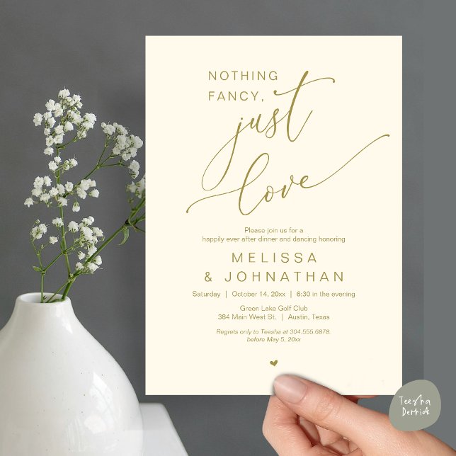 Nichts Extravagant, nur Liebe, Hochzeitsdinner Dan Einladung (Nothing Fancy, Just Love, Romantic Wedding Dinner Dancing Invitation Card, PDF, in Yellow Gold)