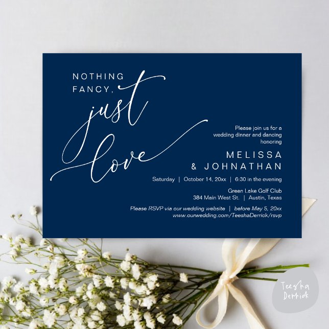 Nichts Extravagant, nur Liebe, Hochzeitsdinner Dan Einladung (Nothing Fancy, Just Love, Wedding Romantic Dinner Dancing Invitation Card, PDF, in Navy Blue)