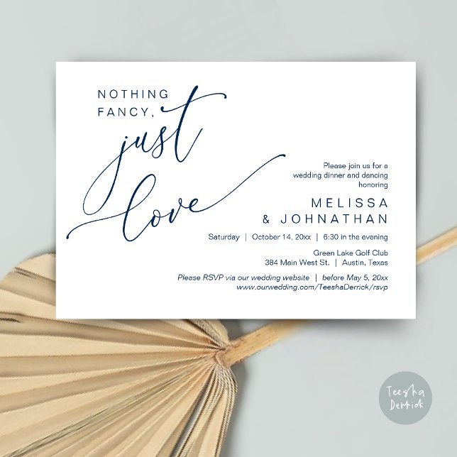Nichts Extravagant, nur Liebe, Hochzeitsdinner Dan Einladung (Nothing Fancy, Just Love, Wedding Romantic Dinner Dancing Invitation Card, PDF, in Navy Blue)