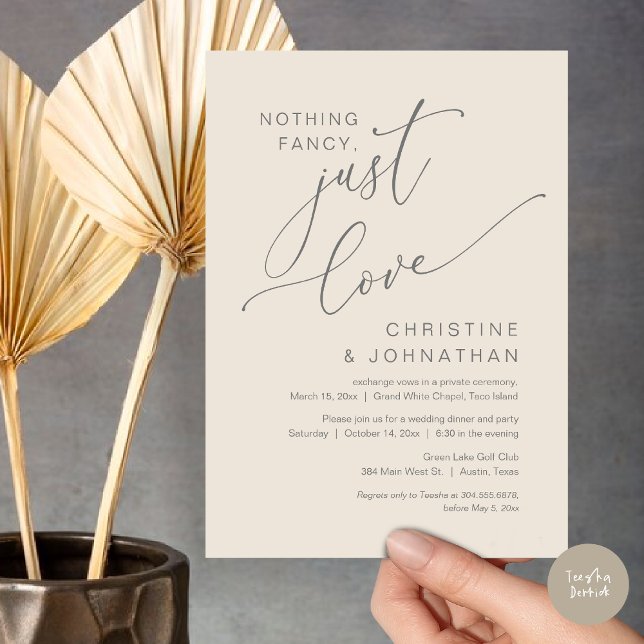 Nichts Extravagant, nur Liebe, Hochzeitsessen Einladung (Nothing Fancy Just Love Wedding Elopement Dinner Party Lunch Brunch Invitation Card, PDF, Grey Cream)