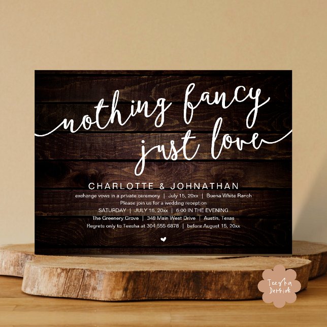 Nichts Extravagant, nur Liebe, Hochzeitsfeier Part Einladung (Nothing Fancy, Just Love, Wedding Elopement Dinner Lunch Brunch Party Invites Card  PDF Dark Wood)
