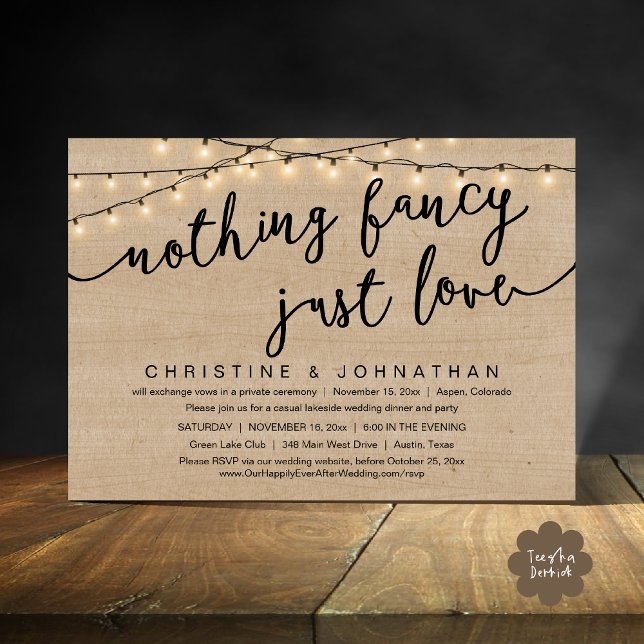 Nichts Extravagant, nur Liebe, Hochzeitsfeier Part Einladung (Nothing Fancy, Just Love, Wedding Elopement Party Invites Card PDF Rustic Cottage Light Brown Wood)