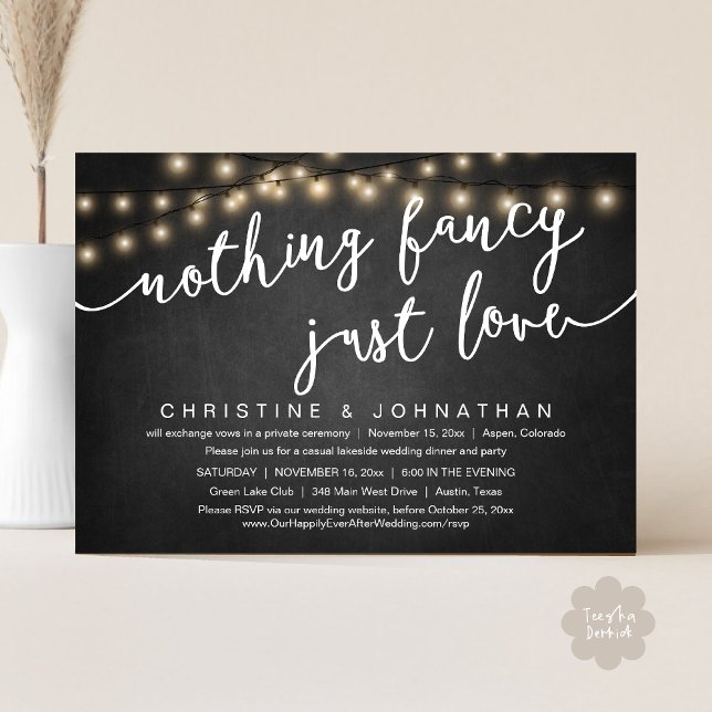 Nichts Extravagant, nur Liebe, Hochzeitsfeier Part Einladung (Nothing Fancy, Just Love, Wedding Elopement Party Invites Card PDF String Lights Black Chalkboard)