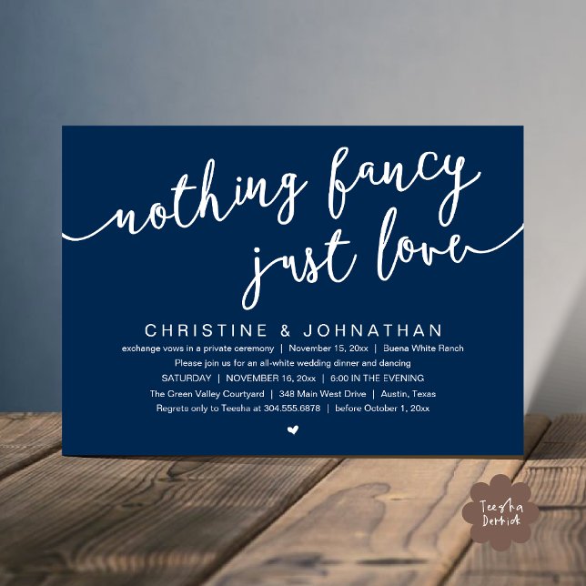 Nichts Extravagant, nur Liebe, Hochzeitsfeier Part Einladung (Nothing Fancy, Just Love, Wedding Elopement Party Invites Card PDF Modern Cottage Rustic Navy Blue)