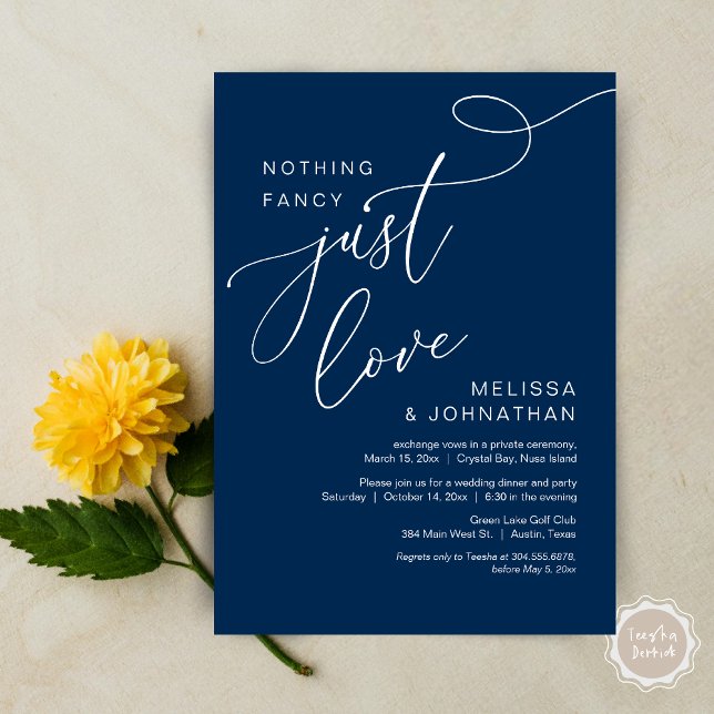 Nichts Extravagant, nur Liebe, romantisches Hochze Einladung (Nothing Fancy, Just Love, Romantic Wedding Elopement Dinner Invitation Card, PDF, Navy Blue)