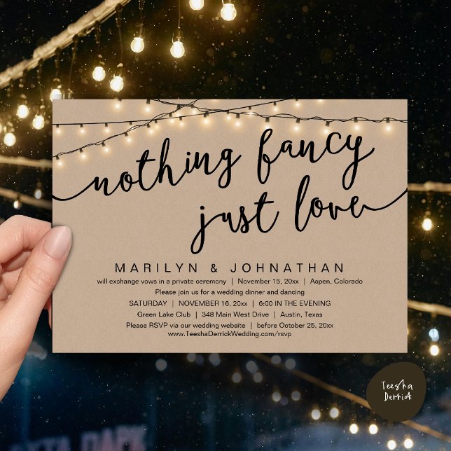 Nichts Extravagant, nur Liebe, rustikales Hochzeit Einladung (Nothing Fancy, Just Love, Rustic Cottage String Lights, Wedding Dinner Invites Card, PDF, Brown Kraf)