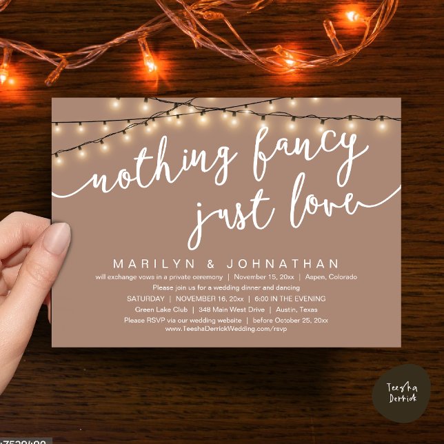 Nichts Extravagant, nur Liebe, rustikales Hochzeit Einladung (Nothing Fancy, Just Love, Rustic Cottage String Lights, Wedding Dinner Invites Card, PDF, Taupe )
