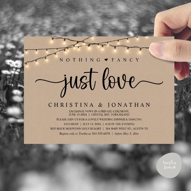 Nichts Extravagant nur Liebe, rustikales Hochzeits Einladung (Nothing Fancy Just Love, Rustic Wedding Dinner Party Invitation Card, PDF, String Lights Brown Kraft)