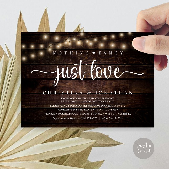 Nichts Extravagant nur Liebe, rustikales Hochzeits Einladung (Nothing Fancy Just Love, Rustic Wedding Dinner Invitation card, pdf, in cottage dark wood)
