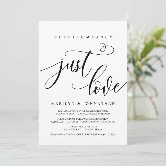 Nichts Extravagant, nur Liebe, Schwarz, Hochzeit Einladung (Stehend Vorderseite)