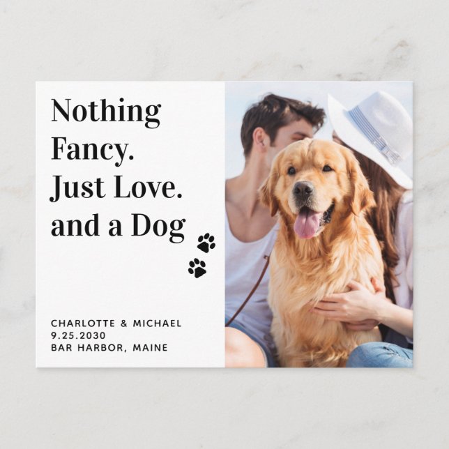 Nichts Extravagant, nur Liebe und eine Hundehe Ankündigungspostkarte (Vorderseite)