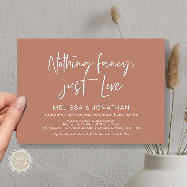 Nichts Geld, nur Liebe, Hochzeitsfeier Party Einladung (Nothing Fancy Just Love, Wedding Elopement Dinner Party Invitation Card, PDF, Terracotta Earthy )
