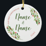 Nicknames First Christmas Keramik Ornament<br><div class="desc">"Erste Weihnachten als... " - mit Ihren persönlichen Spitznamen für Oma und Opa,  Tante und Onkel,  etc. Niedliches Aquarellrot und grüne Weihnachtsbeeren</div>