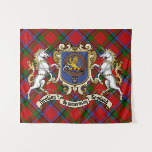 Nicolson-Clan-Abzeichen & Einhörner mit Tartan Wandteppich