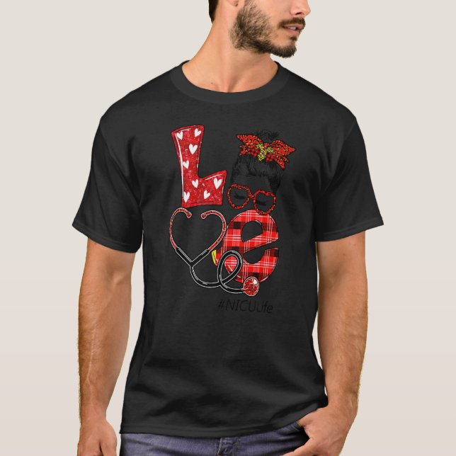 Nicu Nurse Kariert Leopard Liebe Heart Messy Bun R T-Shirt (Vorderseite)