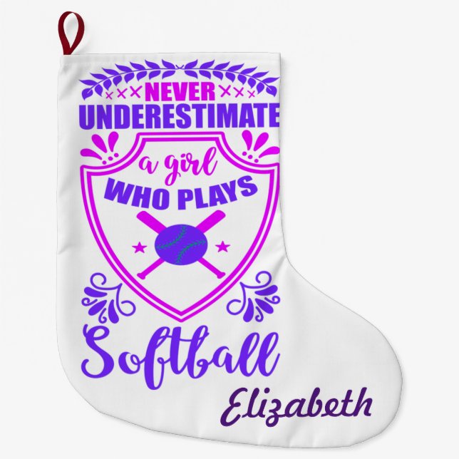 Nie ein Mädchen unterschätzen, das Softball spielt Großer Weihnachtsstrumpf (Vorderseite)