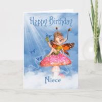 Niece Birthday Card - Niedliche Fee auf einem Pilz