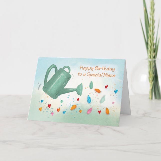 Niece Birthday Watering kann Herz spinnen Karte (Vorderseite)