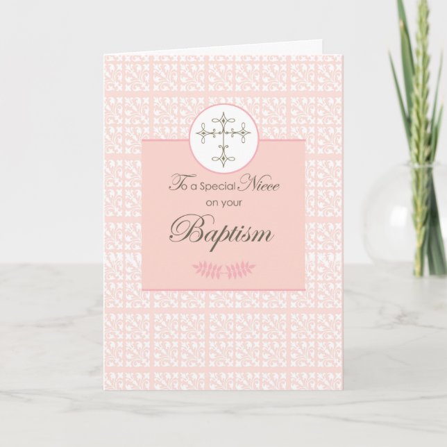 Niece Taufe Rosa mit Spitzen und Kreuz Karte (Vorderseite)