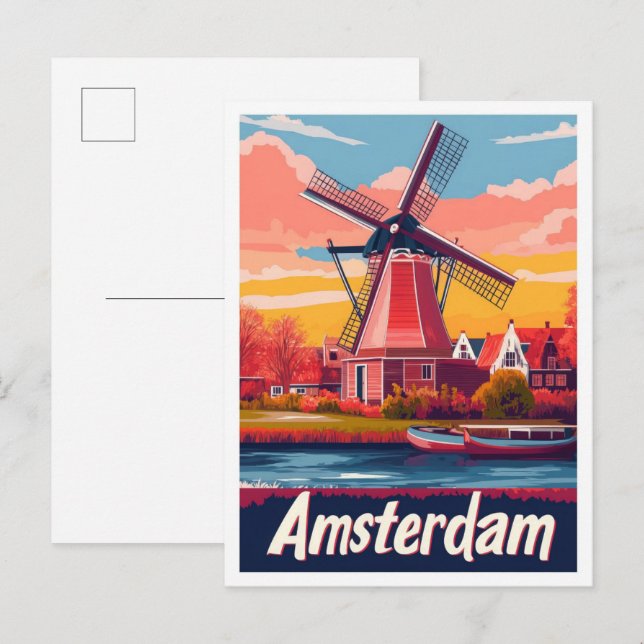 Niederlande Amsterdam Vintage Travel Illustration Postkarte (Vorne/Hinten)