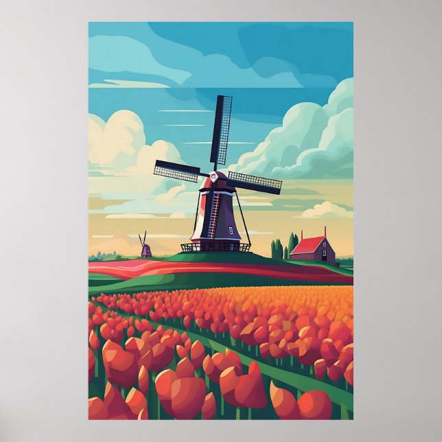 Niederlande WIndmill Tulip Field Illustration Poster (Vorne)