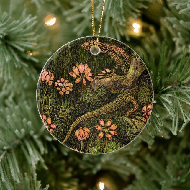 Niederländisch Art Nouveau Lizard und Wildblumen Keramik Ornament (Baum)
