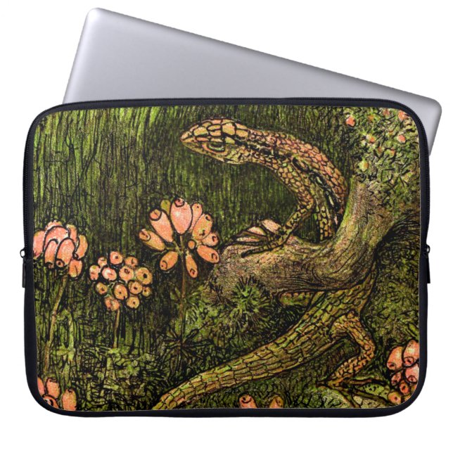 Niederländisch Art Nouveau Lizard und Wildblumen Laptopschutzhülle (Vorderseite)
