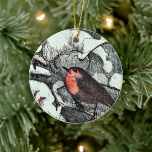Niederländisch Art Nouveau Robin Bird im Winter Keramik Ornament