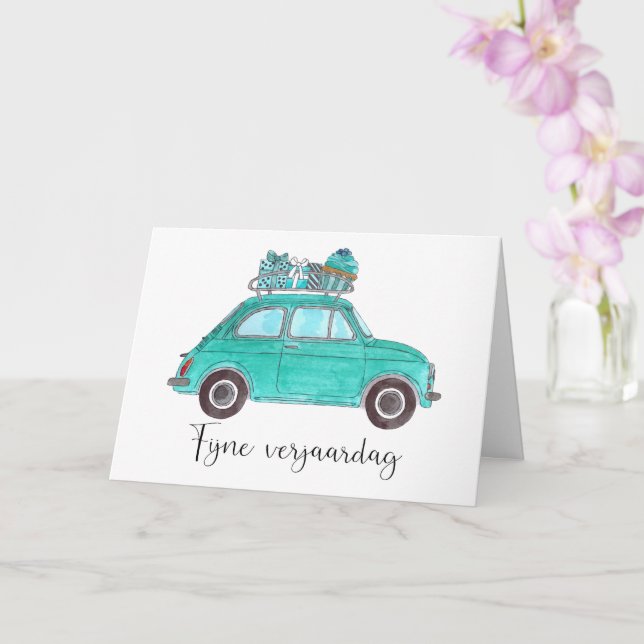Niederländisch Birthday Retro Fiat 500 Karte (Orchidee)
