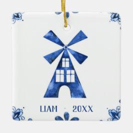 Niederländische blaue Windmühlen-personalisierte Keramikornament