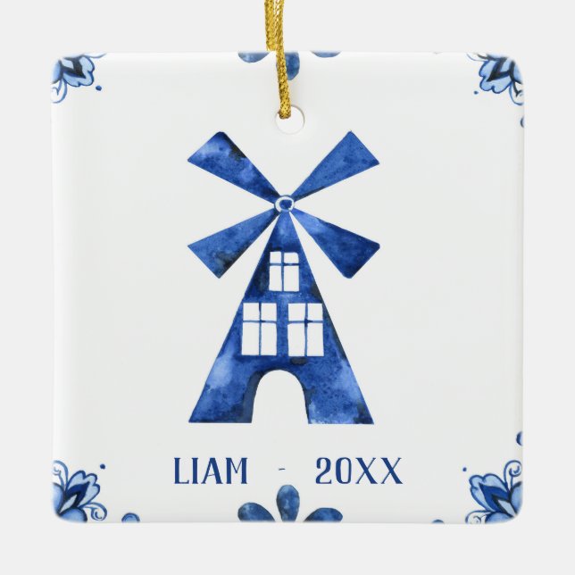 Niederländische blaue Windmühlen-personalisierte Keramikornament (Vorderseite)