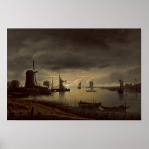 Niederländische Fluss-Szene mit Windmühle durch Poster
