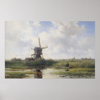 Niederländische Windmühle in der Nähe des Flusses Poster