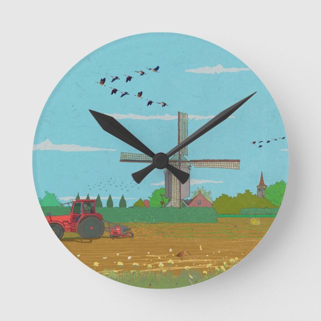 Niederländische Windmühle Landschaft Niederlande Runde Wanduhr (Vorderseite)