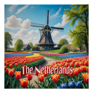 Niederländische Windmühle & Tulpen Poster
