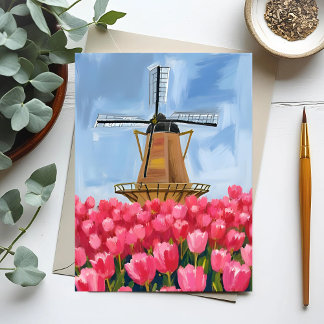 Niederländische Windmühle Tulpenblumenfeld Aquarel Postkarte