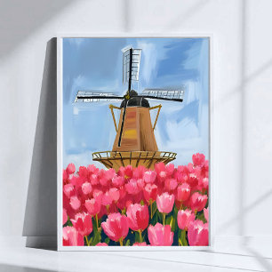 Niederländische Windmühlen-Tulpen-Blumenfeld-Wasse Poster