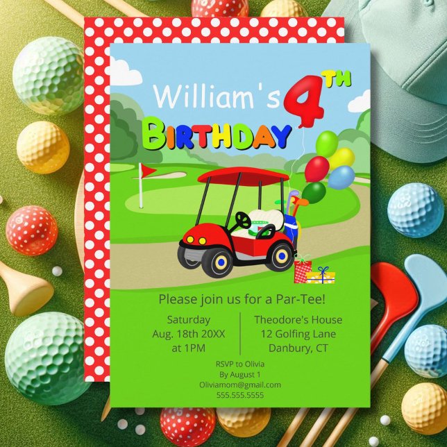 Niedlich 4. Geburtstag Red Golf Cart Boy's Einladung (Von Creator hochgeladen)