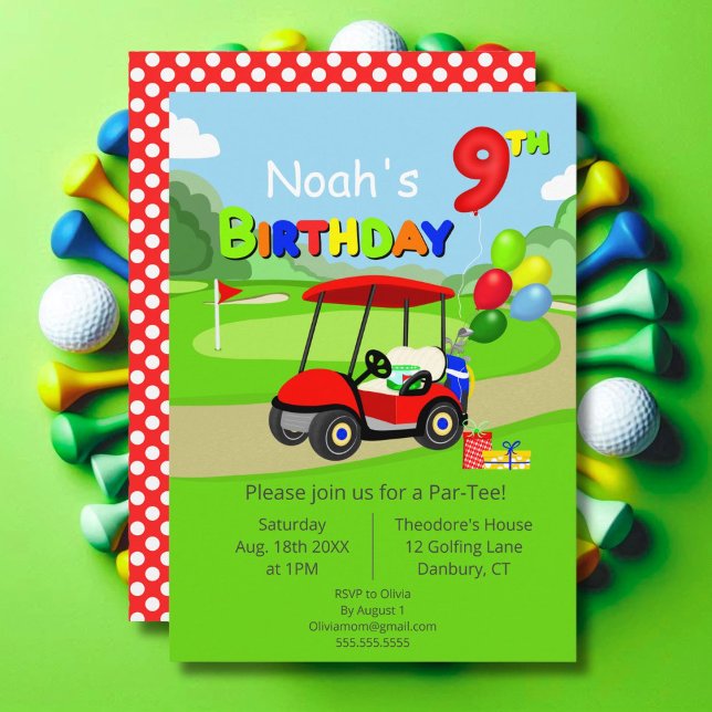 Niedlich 9. Geburtstag Red Golf Cart Boy's Einladung (Von Creator hochgeladen)