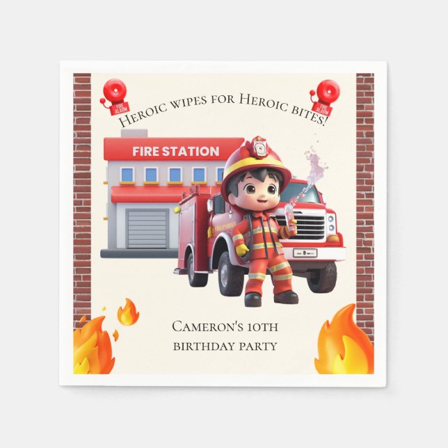 Niedlich Adorable 3D Feuerwehrmännchen mit Feuerwe Serviette (Vorderseite)