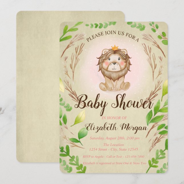 Niedlich Adorable Baby Lion Crown Blätter Einladung (Vorne/Hinten)